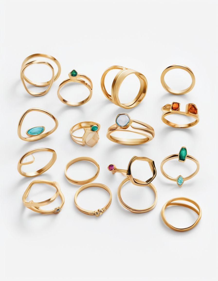 An array of minimalist and elegant rings displayed on a crisp white background. Rings include thin, sleek bands, subtle geometric shapes, and delicate settings with small gemstones. The image should reflect simplicity and understated beauty, capturing the essence of budget-friendly yet stylish jewelry. vector art. vibrant colors.