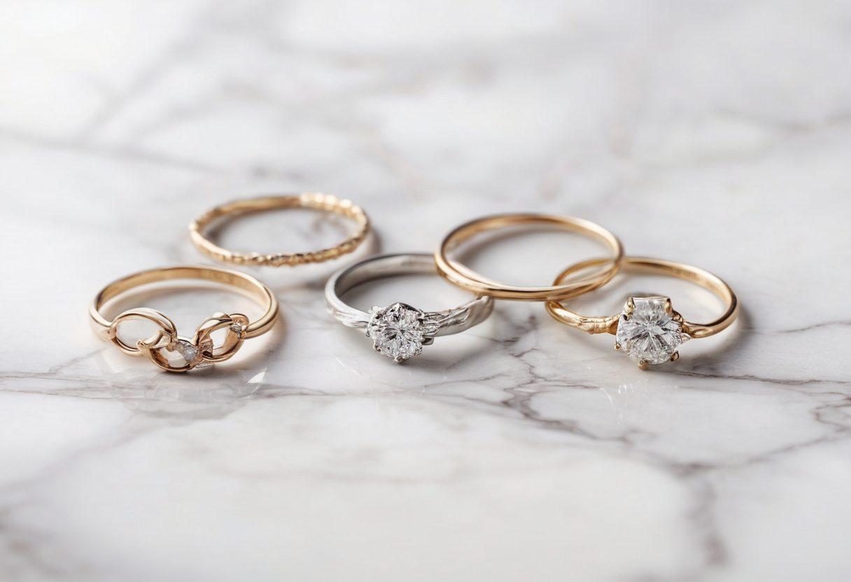 Delicate minimalist rings elegantly displayed on a marble surface, with a soft focus on intricate designs and affordable price tags subtly visible. Rings should have unique, simple designs, emphasizing elegance and simplicity. The color palette should be soft and neutral, complementing the minimalist aesthetic. Arrange the rings in a way that highlights their uniqueness and affordability. super-realistic. vibrant colors. white background.