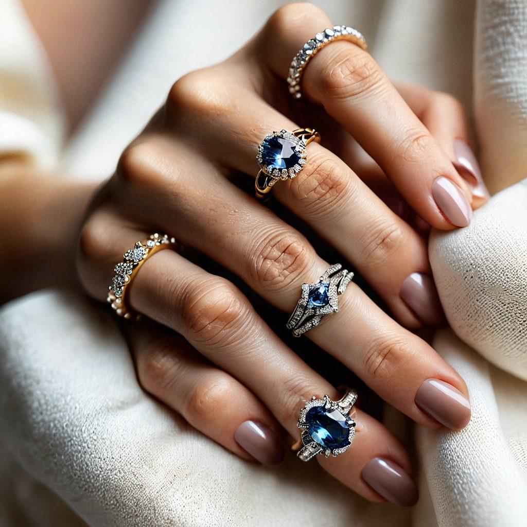 An elegant assortment of rings displayed on silky fabric; featuring various designs including minimalist bands, intricate vintage patterns, and gemstone-encrusted pieces. The image should show both casual and formal settings, with a soft, warm lighting to enhance the sparkle of the rings. Include hands of diverse skin tones elegantly wearing the rings. super-realistic. vibrant colors. sophisticated atmosphere.